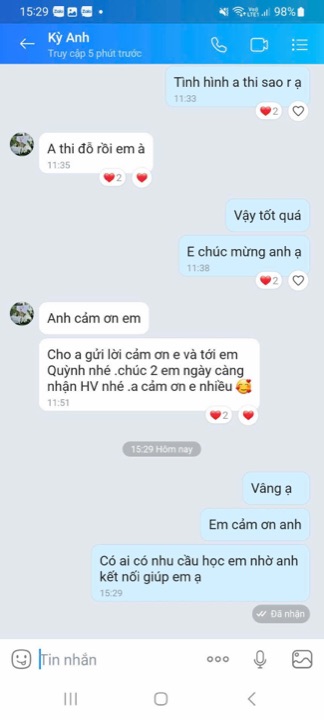 Tin nhắn học viên báo đậu