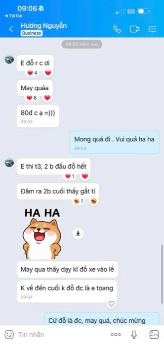 Tin nhắn học viên báo đậu