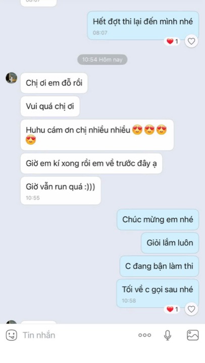 Tin nhắn học viên báo đậu