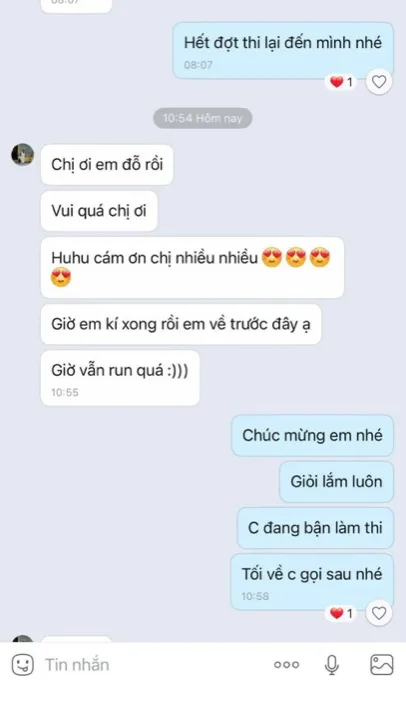 Tin nhắn học viên báo đậu