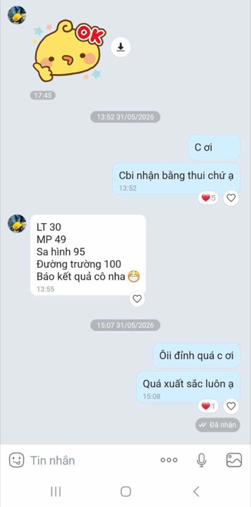 Tin nhắn học viên báo đậu