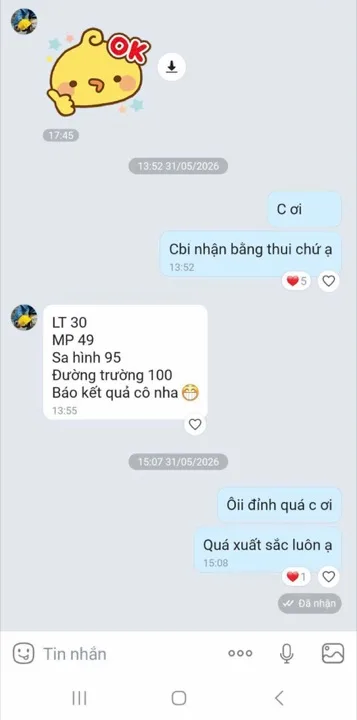 Tin nhắn học viên báo đậu