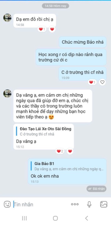 Tin nhắn học viên báo đậu