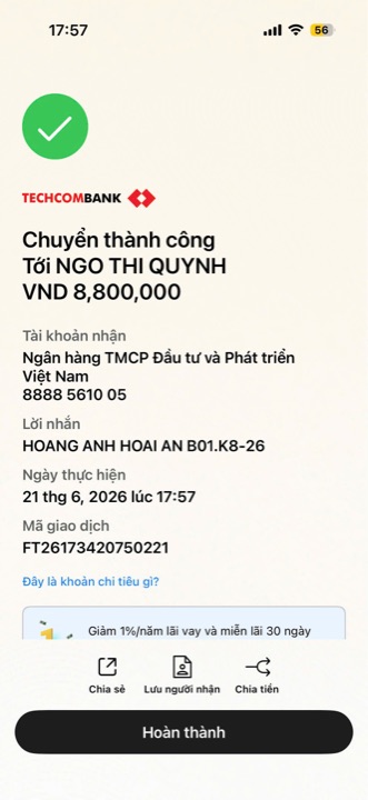 Học viên chuyển học phí cho cô Quỳnh