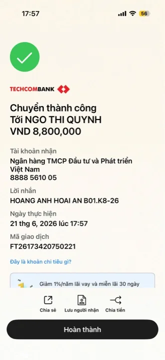 Học viên chuyển học phí cho cô Quỳnh