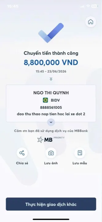 Học viên chuyển học phí cho cô Quỳnh