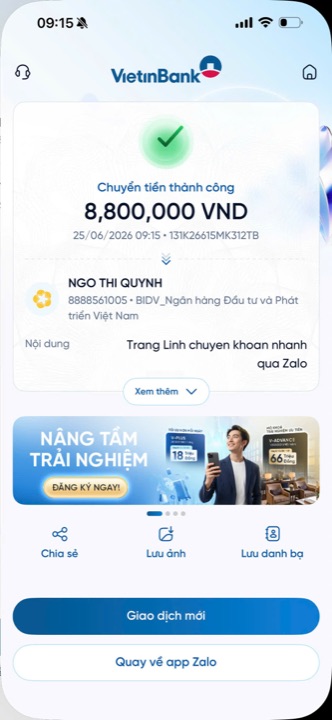 Học viên chuyển học phí cho cô Quỳnh