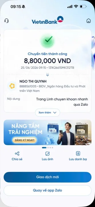 Học viên chuyển học phí cho cô Quỳnh