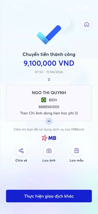 Học viên chuyển học phí cho cô Quỳnh