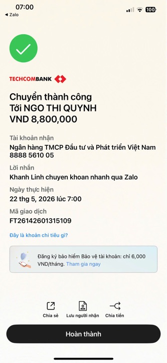 Học viên chuyển học phí cho cô Quỳnh