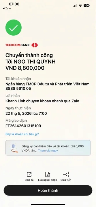 Học viên chuyển học phí cho cô Quỳnh