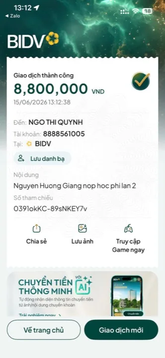 Học viên chuyển học phí cho cô Quỳnh