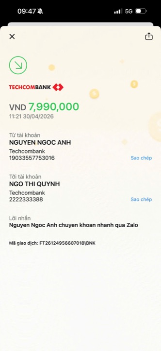 Học viên chuyển học phí cho cô Quỳnh