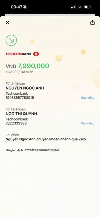 Học viên chuyển học phí cho cô Quỳnh