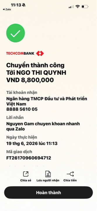 Học viên chuyển học phí cho cô Quỳnh