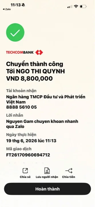 Học viên chuyển học phí cho cô Quỳnh