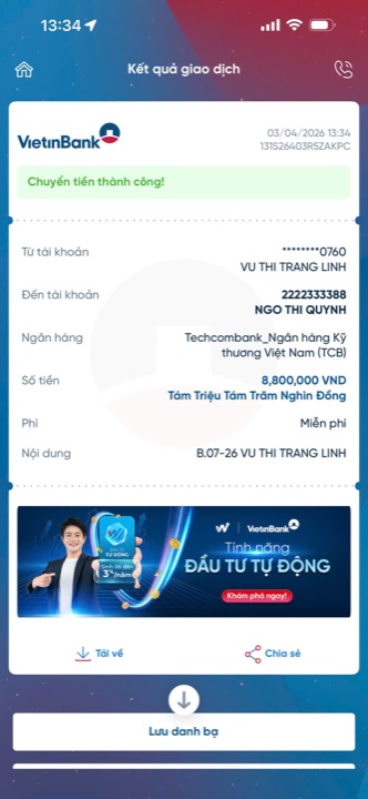 Học viên chuyển học phí cho cô Quỳnh