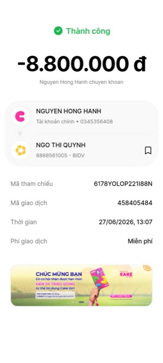 Học viên chuyển học phí cho cô Quỳnh